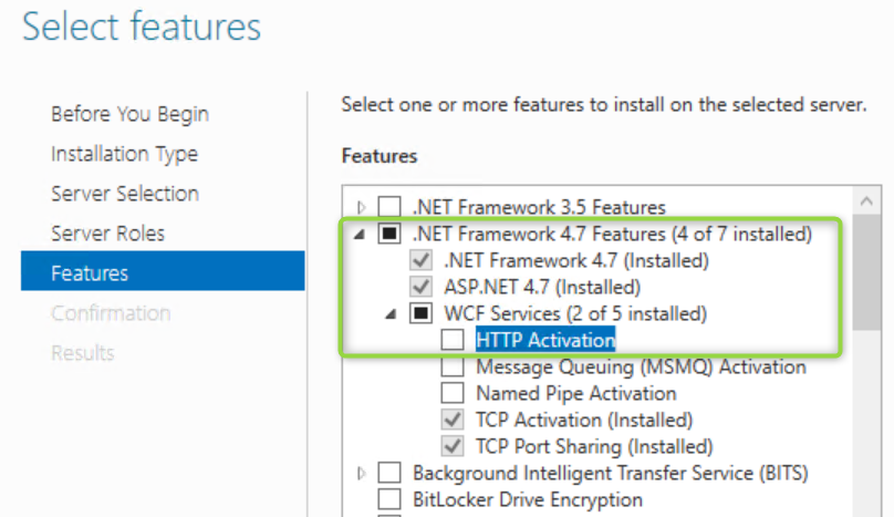 Windows Server 'Select features' wizard with .NET Framework 4.7 Features expanded, showing the WCF Services > HTTP Activation checkbox unchecked.