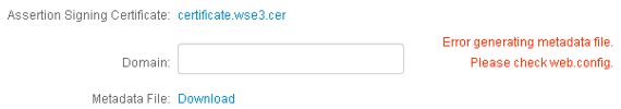 Classic interface SAML properties page showing an empty Domain field and the inline error "Error generating metadata file. Please check web.config."