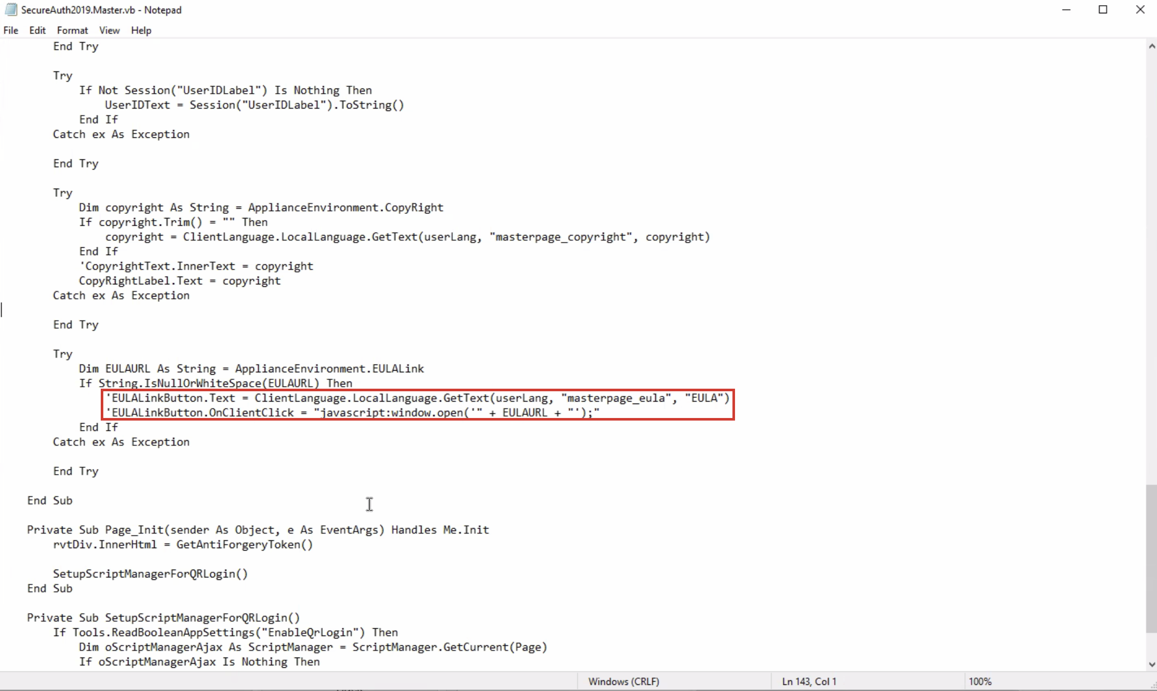 Master.vb file open in a text editor with the two EULALinkButton.Text and EULALinkButton.OnClientClick lines highlighted, each commented out with a leading single quote.