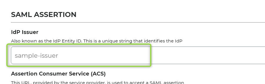 SAML Assertion section of the realm's SAML properties, showing the empty IdP Issuer field, described as the IdP Entity ID.