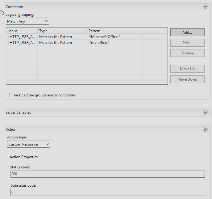 IIS URL Rewrite rule Conditions set to Match Any on HTTP_USER_AGENT matching the patterns ^Microsoft Office.* and .*ms-office.*, with the Action set to a Custom Response returning status code 200.
