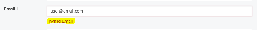 Self Service Email 1 field showing user@gmail.com entered and an Invalid Email error highlighted below it.