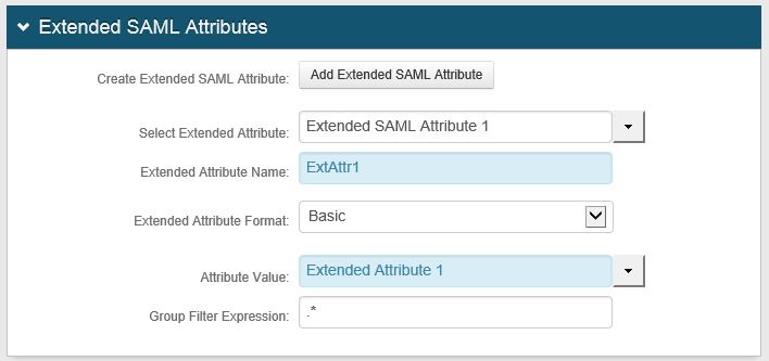 Extended SAML Attribute configuration with the attribute labeled ExtAttr1 and Extended Attribute 1 selected as the value.