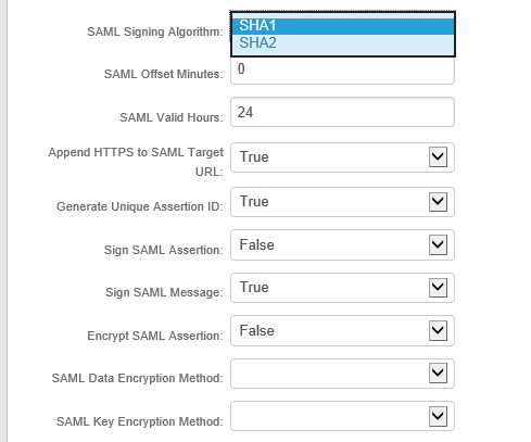 Realm SAML settings showing the SAML Signing Algorithm dropdown open with SHA1 and SHA2 options, alongside other SAML settings such as Sign SAML Assertion and Sign SAML Message.