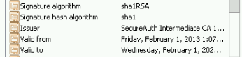 Certificate properties showing Signature algorithm sha1RSA and Signature hash algorithm sha1, an example of a SHA1 certificate.