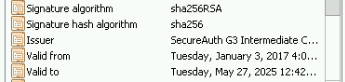 Certificate properties showing Signature algorithm sha256RSA and Signature hash algorithm sha256, an example of a SHA2 certificate.