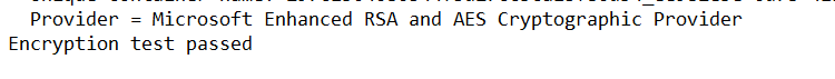 certutil output showing Provider = Microsoft Enhanced RSA and AES Cryptographic Provider and Encryption test passed.
