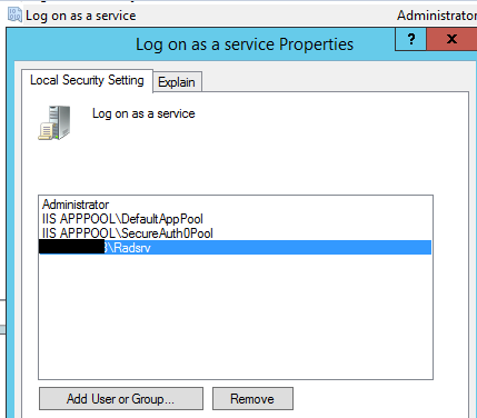 Log on as a service Properties dialog with the AD account added to the list of accounts allowed to log on as a service.