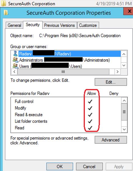 SecureAuth Corporation Properties Security tab with Full Control and other permissions checked (Allow) for the AD account.