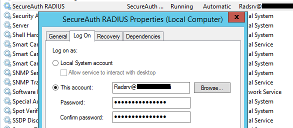 SecureAuth RADIUS Properties Log On tab with This account selected and the AD account entered.