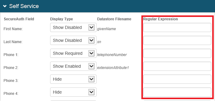 Self Service section listing fields such as First Name, Last Name, and Phone 1 through 4, each with its own Regular Expression box.