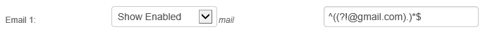 Email 1 field's Regular Expression box containing the pattern that disallows gmail.com addresses.