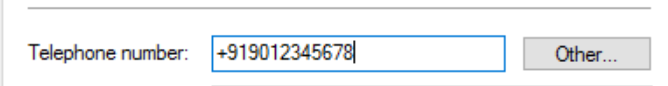 Telephone number field showing +919012345678, with a leading plus sign before the country code and phone number.
