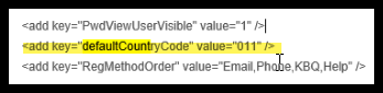 web.config appSettings section with the defaultCountryCode key highlighted and set to 011.