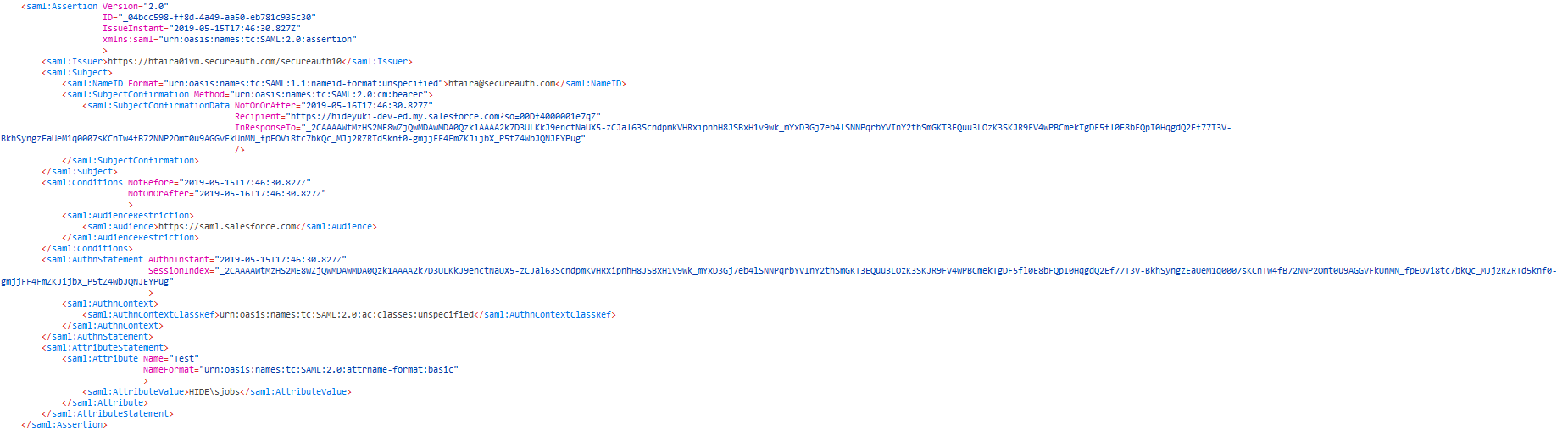 SAML assertion XML with Sign SAML Message enabled and Sign SAML Assertion disabled. The Assertion element contains Issuer, Subject, Conditions, AuthnStatement, and AttributeStatement, but no Signature or X509Certificate element.