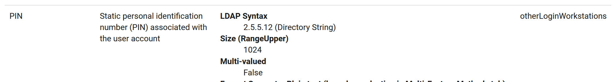 Reference table row for the PIN Profile Property, showing LDAP Syntax 2.5.5.12 (Directory String), Size (RangeUpper) 1024, Multi-valued False, and the example AD attribute otherLoginWorkstations.