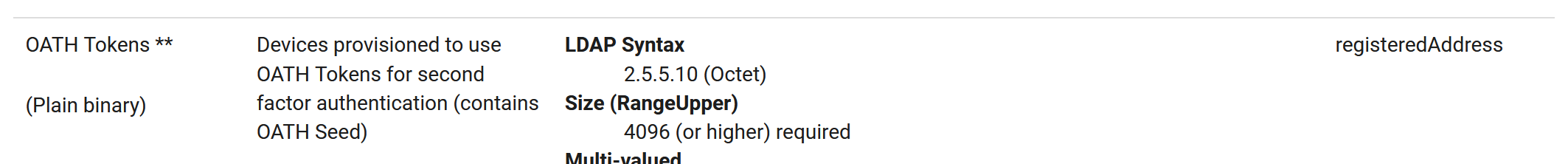 Reference table row for OATH Tokens in Plain Binary format, showing LDAP Syntax 2.5.5.10 (Octet), Size (RangeUpper) 4096 or higher required, and the example AD attribute registeredAddress.