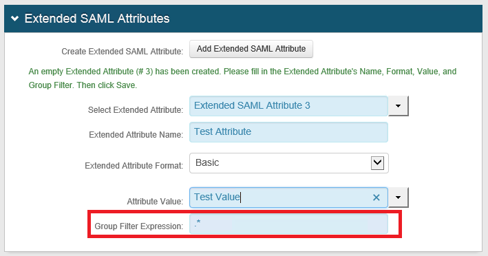 Extended SAML Attributes configuration panel showing an example attribute named Test Attribute, with Format set to Basic and Value set to Test Value; the Group Filter Expression field is highlighted and set to .*