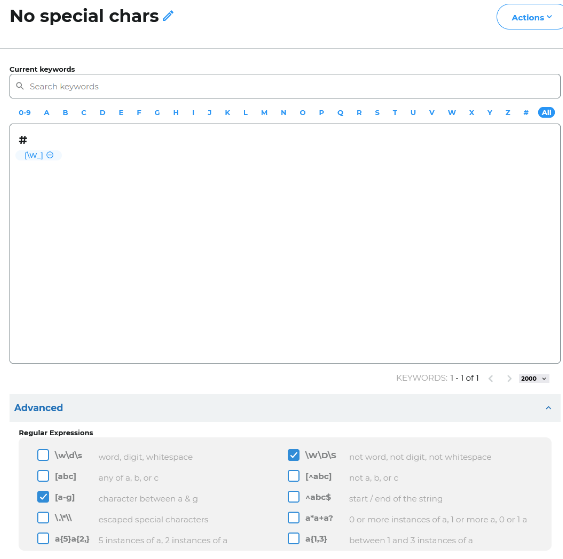 Password Deny List keyword editor with the Advanced Regular Expressions panel expanded, showing checkbox options for word/digit/whitespace characters, character ranges like a-g, anchors like caret and dollar sign, and quantifiers like a{1,3}.