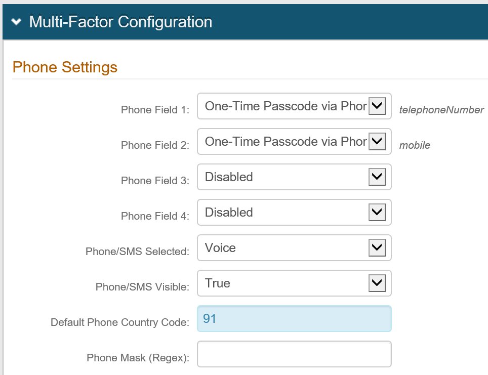 Multi-Factor Configuration panel, Phone Settings section, with Default Phone Country Code highlighted and set to 91.