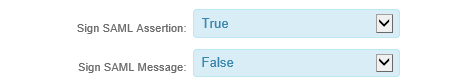 Realm SAML settings showing the Sign SAML Assertion dropdown set to True and the Sign SAML Message dropdown set to False.