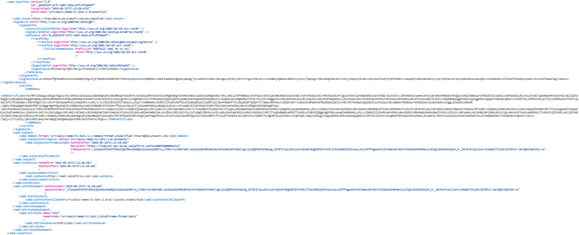 SAML assertion XML with Sign SAML Assertion enabled. A Signature element appears directly inside the Assertion element, containing SignedInfo, SignatureValue, and a KeyInfo block with the X509Certificate embedded, ahead of the Subject and AttributeStatement elements.