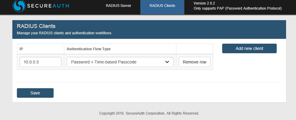 RADIUS Clients configuration page, listing a client IP address and its Authentication Flow Type, with an Add new client button.