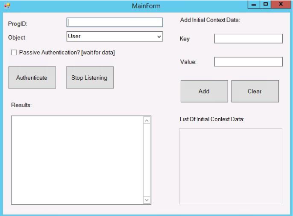 MainForm window of the EPCS VAM Test Tool, with a ProgID field, an Object dropdown, Authenticate and Stop Listening buttons, a Results box, and Add Initial Context Data controls.