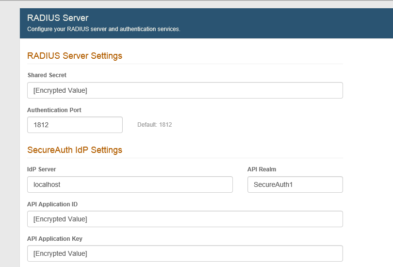RADIUS Server Settings page, showing the Shared Secret and Authentication Port fields under RADIUS Server Settings, and IdP Server, API Realm, API Application ID, and API Application Key under SecureAuth IdP Settings.