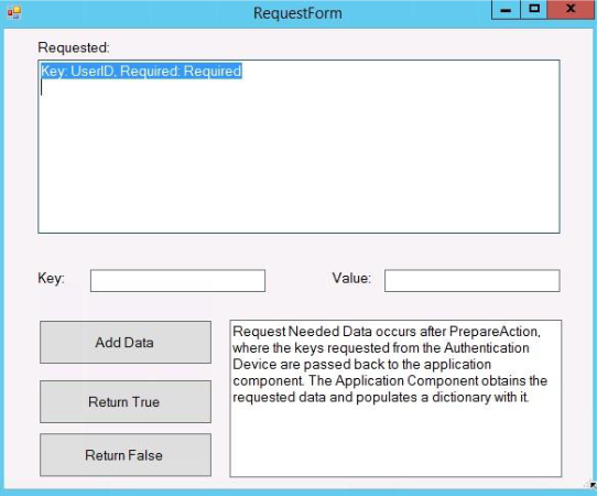 RequestForm window of the EPCS VAM Test Tool, listing a requested Key of UserID, with Key and Value fields and Add Data, Return True, and Return False buttons.