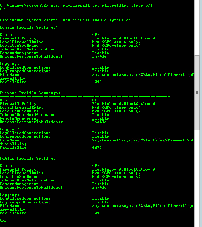 Command Prompt window showing the output of netsh advfirewall set allprofiles state off, followed by netsh advfirewall show allprofiles confirming all three profiles now show State: OFF.