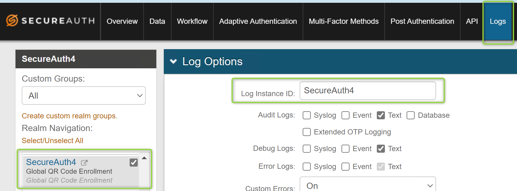 Realm's Logs tab showing the default Log Instance ID field set to SecureAuth4.