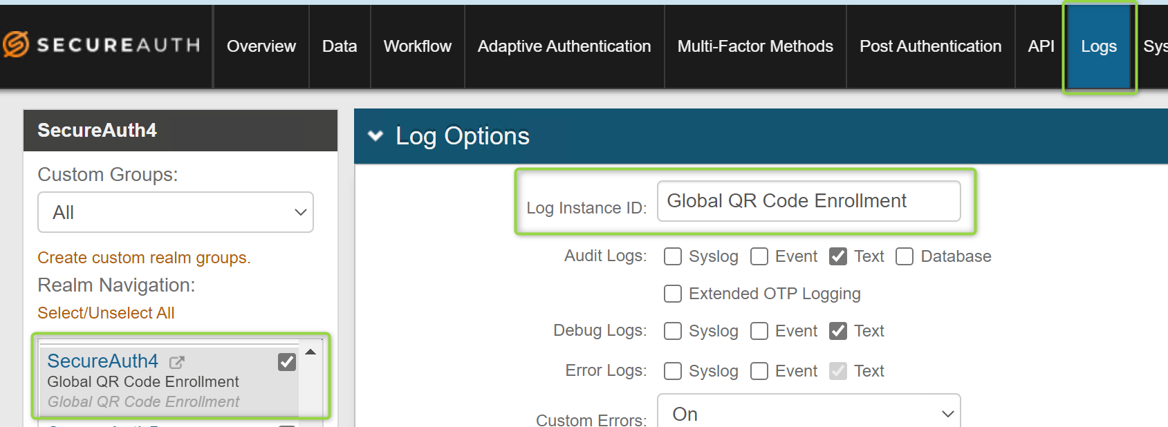 Realm's Logs tab with the Log Instance ID field changed from SecureAuth4 to Global QR Code Enrollment.