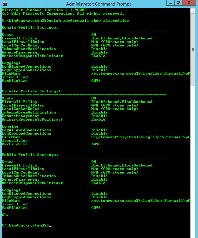 Command Prompt window showing the output of netsh advfirewall show allprofiles, with the Domain, Private, and Public Profile Settings each showing State: ON.