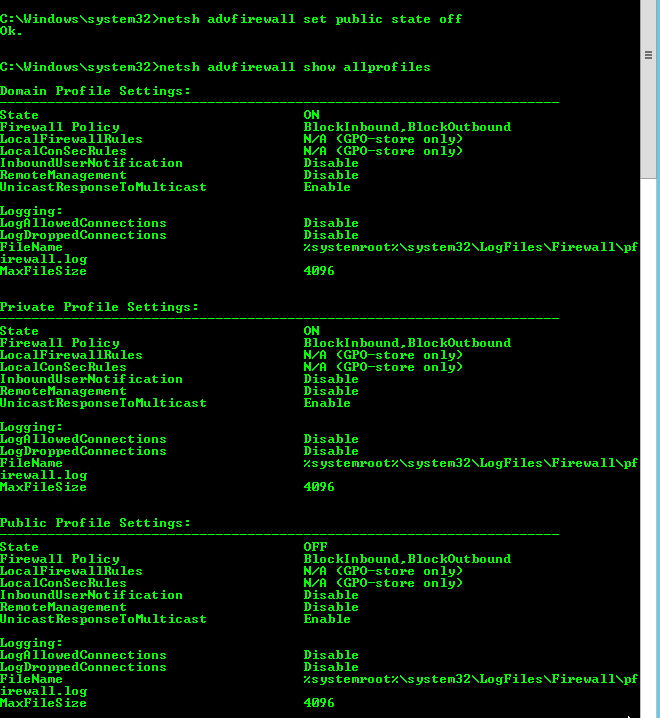 Command Prompt window showing netsh advfirewall set public state off, followed by netsh advfirewall show allprofiles confirming only the Public profile now shows State: OFF while Domain and Private remain ON.