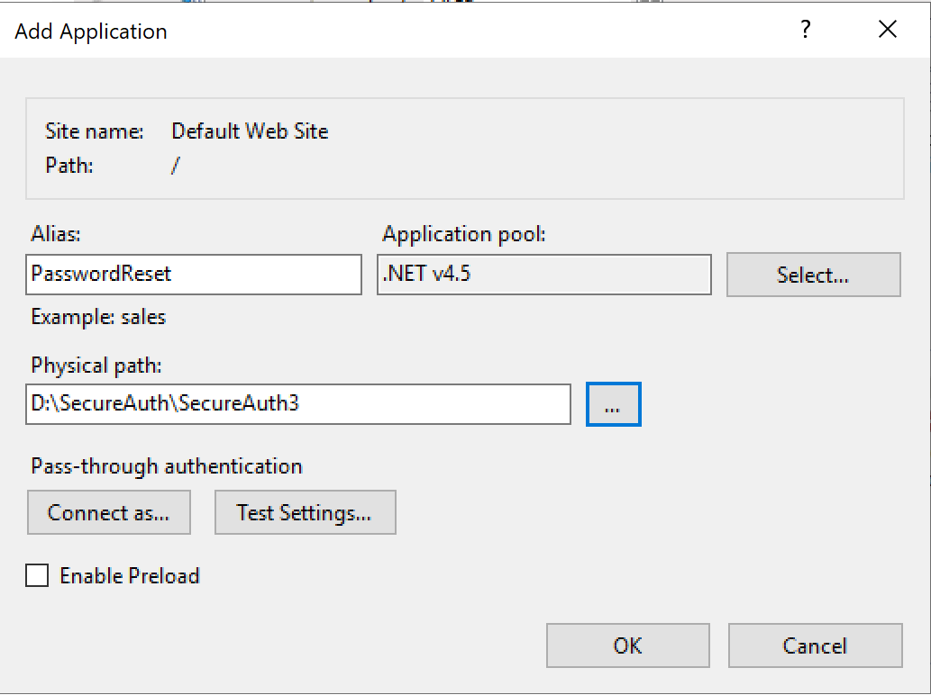 IIS Add Application dialog with Alias set to PasswordReset, Application pool set to .NET v4.5, and Physical path set to D:\SecureAuth\SecureAuth3.
