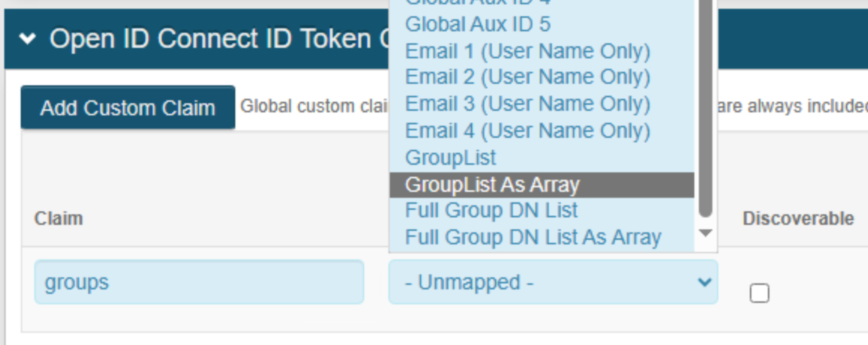 Custom claim configuration on the Post Authentication tab, with a claim named groups and the GroupList As Array option highlighted in the value drop-down.