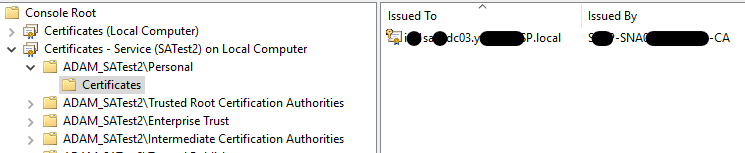 Certificate Manager console showing the ADAM service account's own Personal certificate store, with a certificate listed under Issued To and Issued By.
