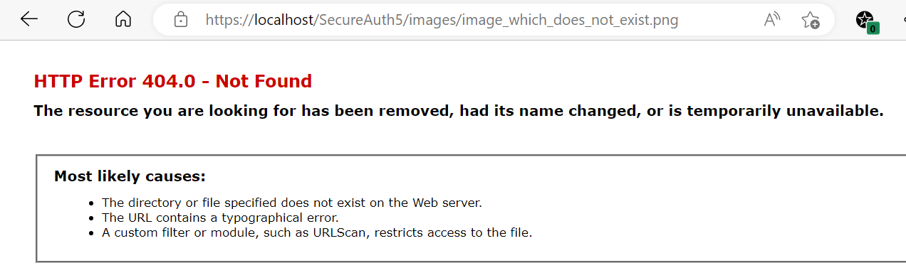 Browser showing an HTTP Error 404.0 - Not Found page when browsing to a logo image path that does not exist.