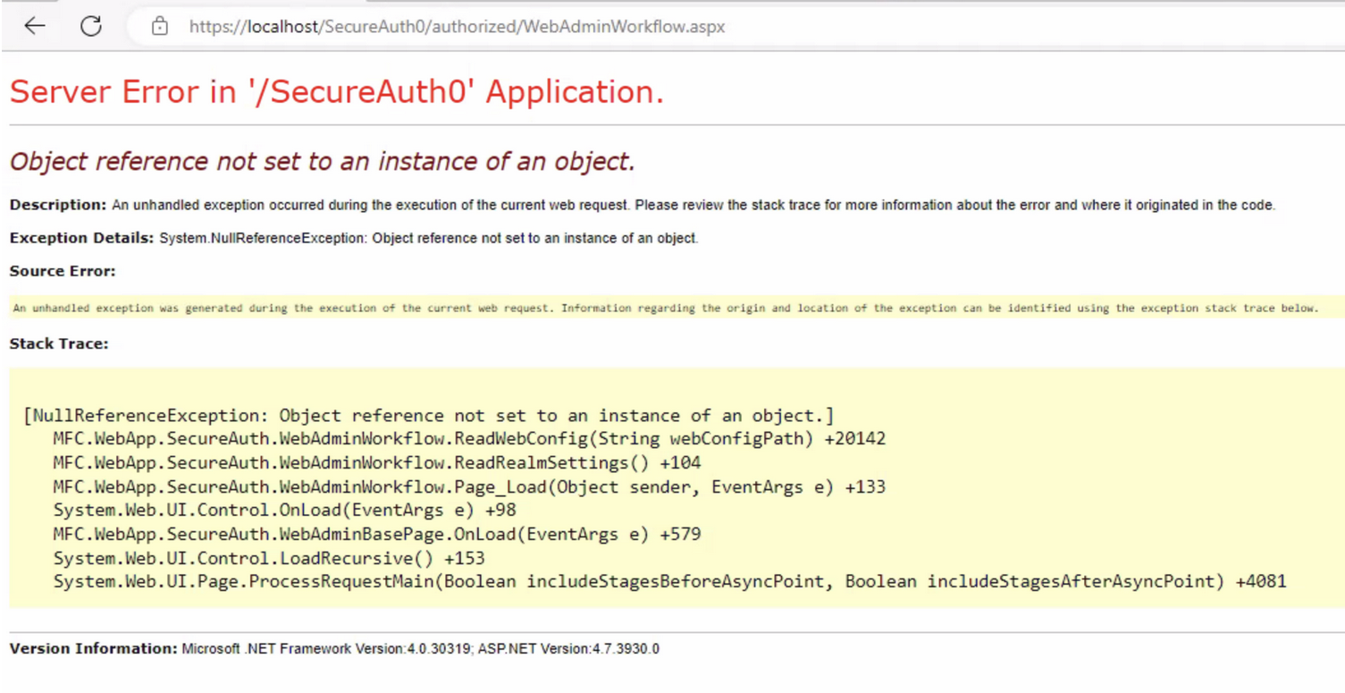 ASP.NET Server Error page for the SecureAuth0 application, showing a System.NullReferenceException with a stack trace referencing MFC.WebApp.SecureAuth.WebAdminWorkflow.ReadWebConfig and ReadRealmSettings.