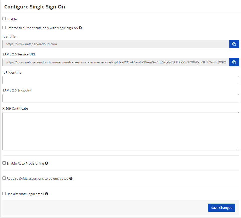 Invicti's Configure Single Sign-On page, showing the Identifier, SAML 2.0 Service URL, IdP Identifier, SAML 2.0 Endpoint, and X.509 Certificate fields referenced in the steps above.