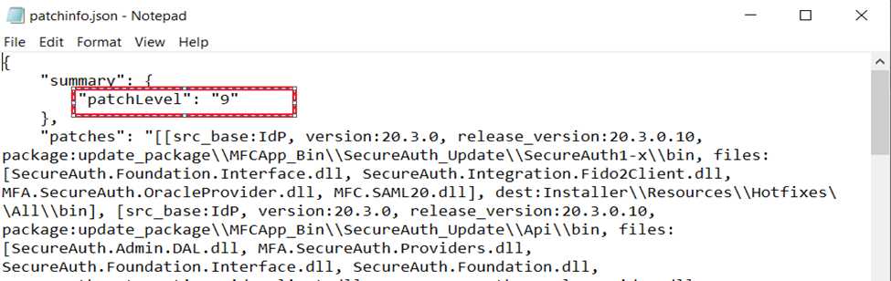 patchinfo.json opened in Notepad, with the patchLevel field boxed in red showing a value of 9, even after the hotfix was reverted.
