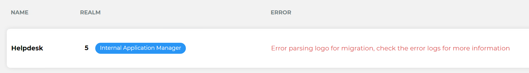 Migration results list showing the Helpdesk realm (realm 5) with the error "Error parsing logo for migration, check the error logs for more information" in red.