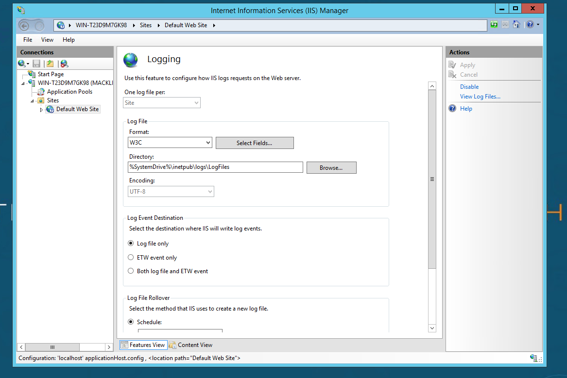 The Logging page, with Format set to W3C and the Select Fields button.