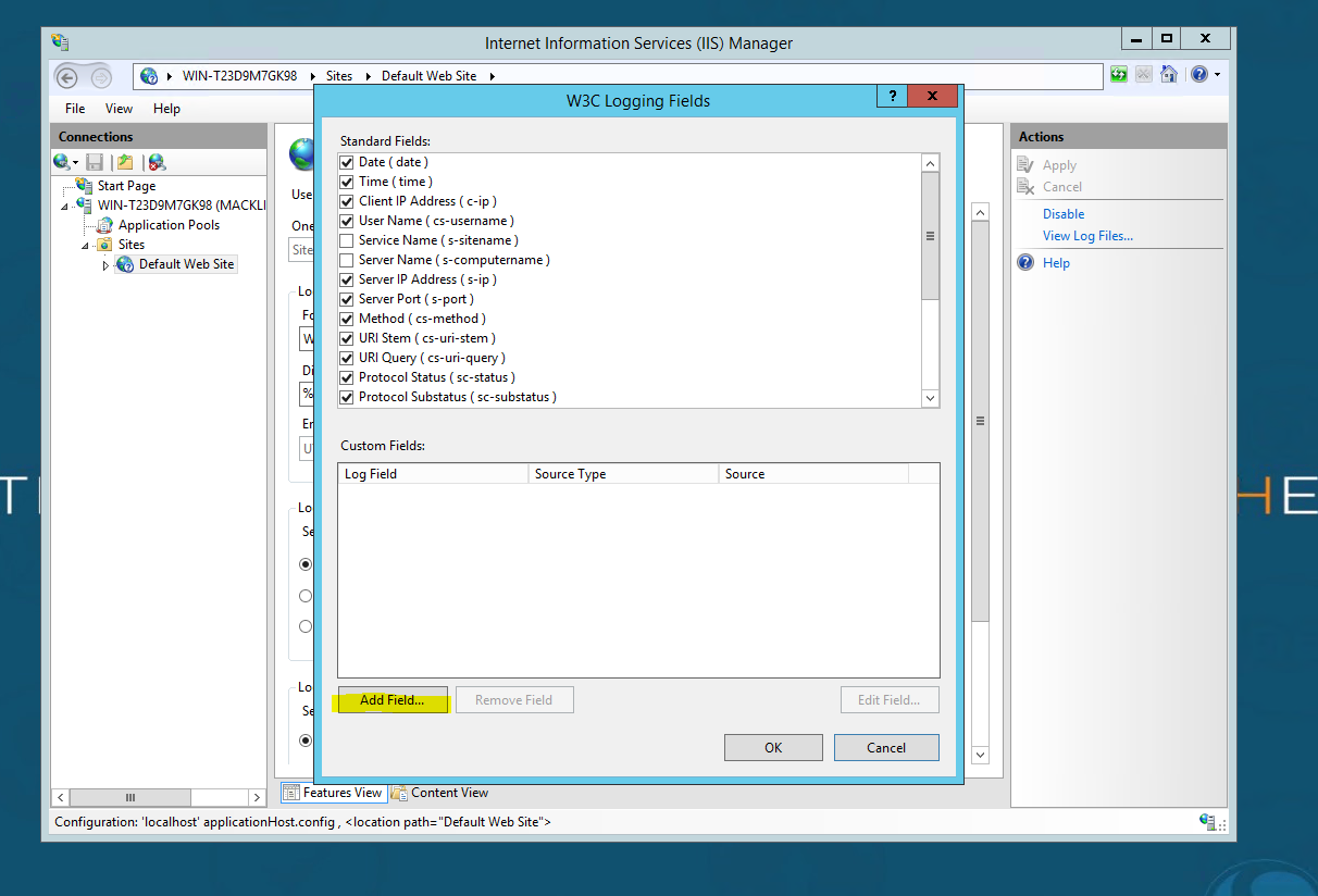 The W3C Logging Fields dialog, with the Add Field button highlighted and Client IP Address already checked among the standard fields.