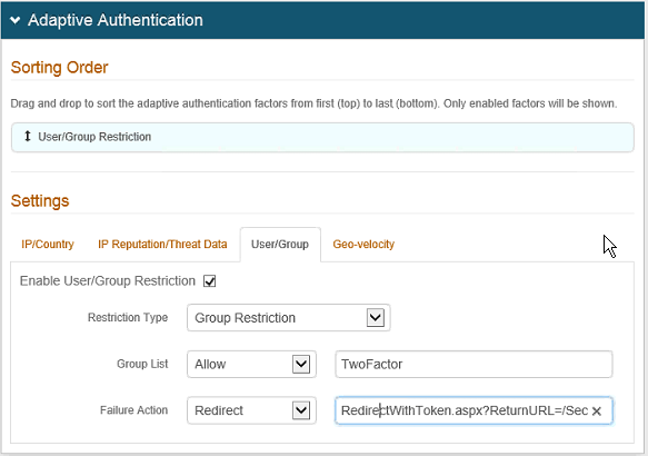 Realm 2's Adaptive Authentication User/Group settings, with User/Group Restriction enabled, Group List set to Allow TwoFactor, and Failure Action set to Redirect to RedirectWithToken.aspx with ReturnURL=/SecureAuth1.