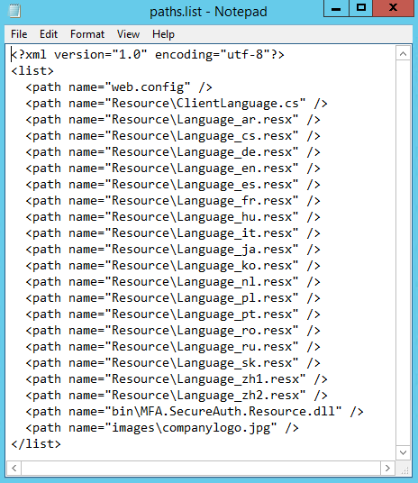 The paths.list file open in Notepad, listing web.config, several Resource\Language_XX.resx files, bin\MFA.SecureAuth.Resource.dll, and a new images\companylogo.jpg entry.