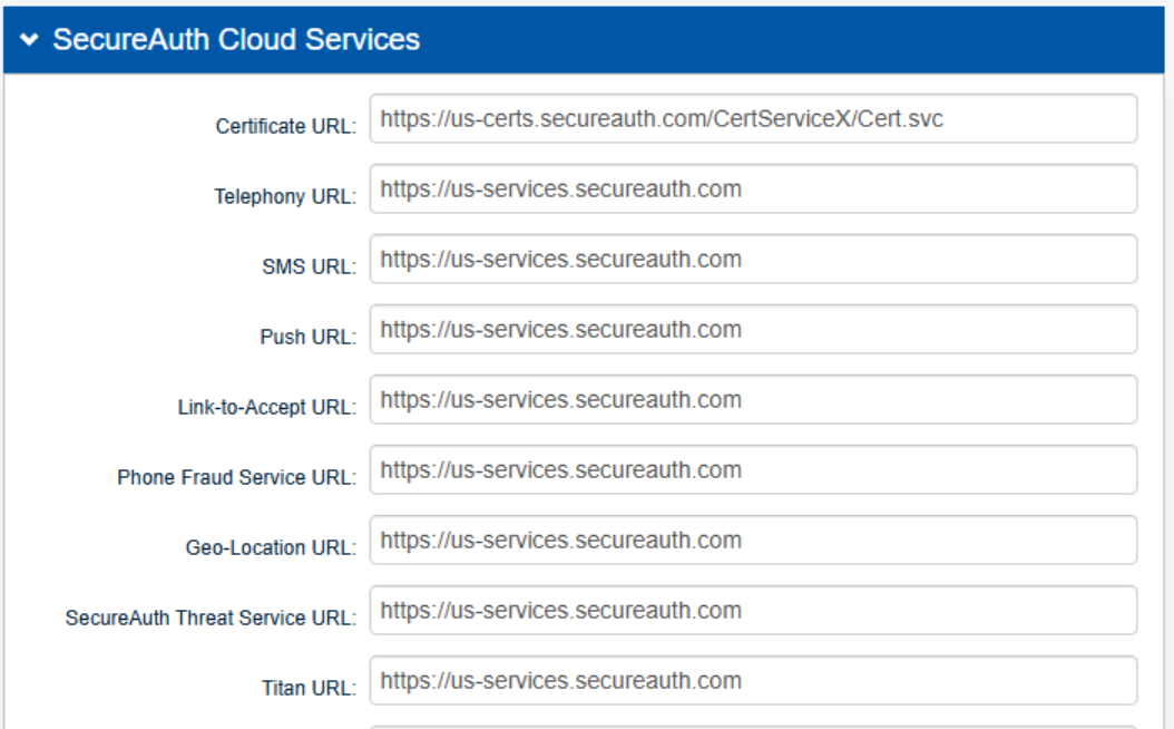 The SecureAuth Cloud Services section of the System Info tab, showing the expected Certificate URL and the Telephony, SMS, Push, Link-to-Accept, Phone Fraud Service, Geo-Location, SecureAuth Threat Service, and Titan URLs all pointing to us-services.secureauth.com.