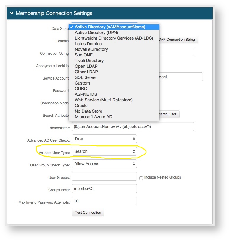 The Membership Connection Settings section of the Data tab, with Validate User Type circled, currently set to Search.
