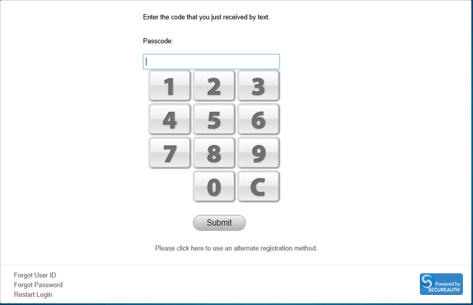 The OTP entry screen with a numeric keypad and Submit button.